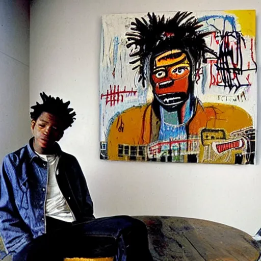 Image similar to portrait photo of jean - michel basquiat and kurt cobain in basquiat ’ s studio, photorealistic,