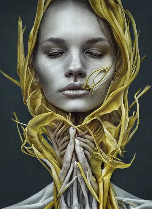 Image similar to masterpiece, woman, bones and veins, yellow, marco mazzoni, zdzislaw beksinksi