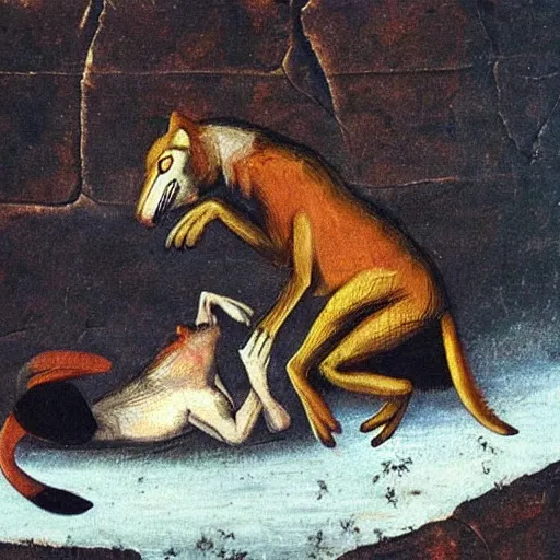 Image similar to wolf fights frog, medieval painting,