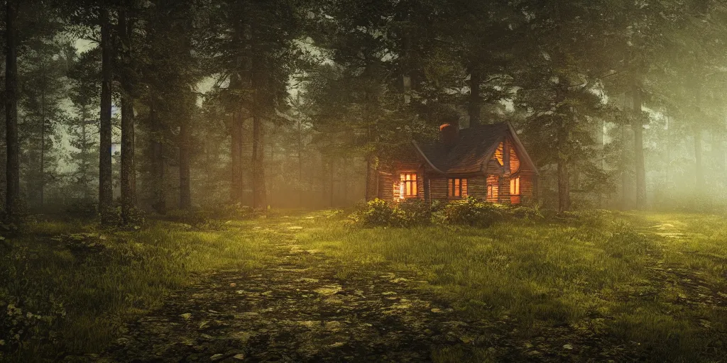 Image similar to a cottage in the woods and empty woods, 8k, fantasy, hyper realistic, dramatic lighting, cinematic