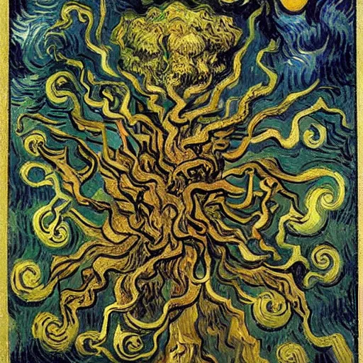 Image similar to Divine Chaos Engine by Vincent Van Gogh and Ernst Haeckel, symbolist, visionary