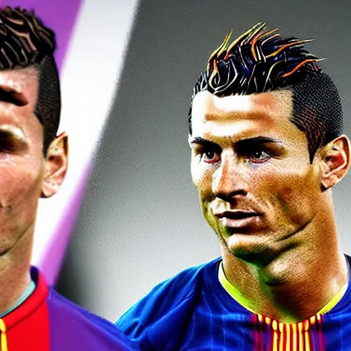 Image similar to a photorealistic image of the love child of Leo Messi and Cristiano Ronaldo