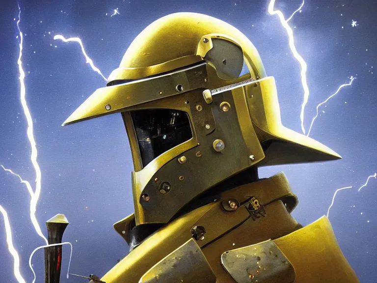 Prompt: a detailed profile painting of a bounty hunter in polished armour and visor. Fencing mask and sparks. cinematic sci-fi poster. Cloth and metal. Welding, fire, flames, samurai Flight suit, accurate anatomy portrait symmetrical and science fiction theme with lightning, aurora lighting clouds and stars. Clean and minimal design by beksinski carl spitzweg giger and tuomas korpi. baroque elements. baroque element. intricate artwork by caravaggio. Oil painting. Trending on artstation. 8k