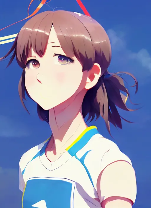 Prompt: portrait of high school runner girl, sunny sky background stadium landscape illustration concept art anime key visual trending pixiv fanbox by wlop and greg rutkowski and makoto shinkai and studio ghibli and kyoto animation symmetrical facial features short down hair sports clothing marathon race nike shirt realistic anatomy