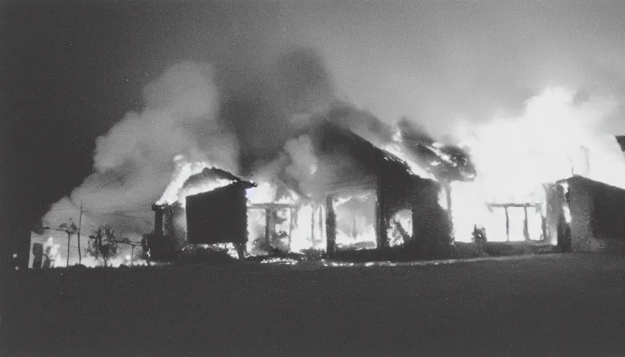 Image similar to 1 9 7 0 s movie still of a heavy burning house in a small french village by night, cinestill 8 0 0 t 3 5 mm, heavy grain, high quality, high detail, dramatic light, anamorphic, flares