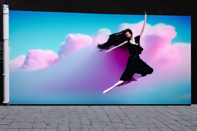 Prompt: high fidelity quality billboard documentary photograph of a model wearing black parachute clothing walking on realistic clouds wearing packing foam. three point light. photographic production. art directed. white pink blue lavender. volumetric clouds. pastel gradient overlay. waves glitch artefacts. 8 k. filmic.