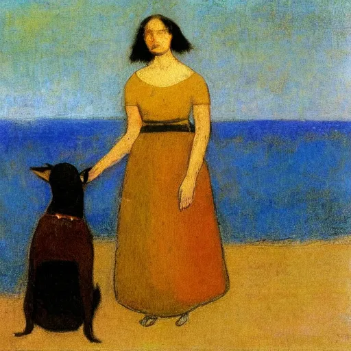 Image similar to a woman and her black and brown chihuahua stand by the sea by odilon redon
