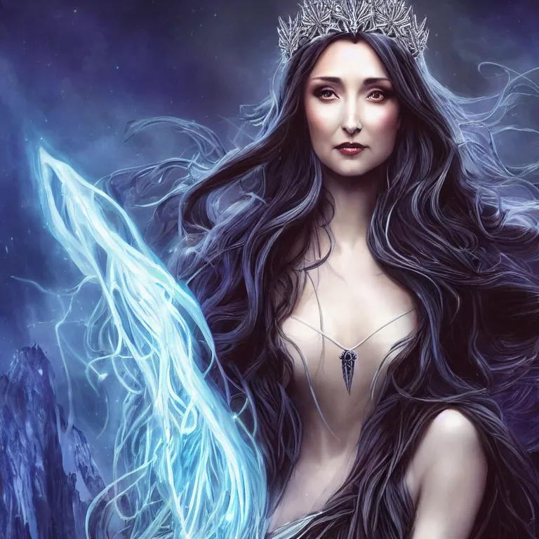 Prompt: beautiful cinematic fantasy poster, Jessica Chobot as a vampire wearing a jeweled silver crown with brilliant silver flowing hair, beautiful blue glowing eyes, wideshot ultrawide angle epic scale, hybrid from The Elden Ring and art direction by Darius Zawadzki ;by artgerm; wayne reynolds art station; cinematic quality character render; low angle; ultra high quality model; production quality cinema model;