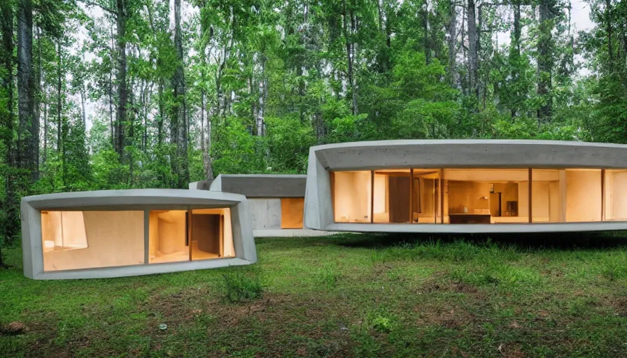 Image similar to A wide image of a full innovative contemporary 3D printed prefab sea ranch style cabin with rounded corners and angles, beveled edges, made of cement and concrete, organic architecture, in a lush green forest Designed by Gucci, Balenciaga, and Wes Anderson, golden hour