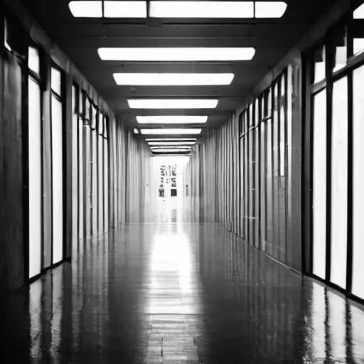 Image similar to noisy color photograph of a liminal space, wide hallways with high ceilings, minimalist, oddly familiar, cinematic, dramatic lighting, soft vintage glow