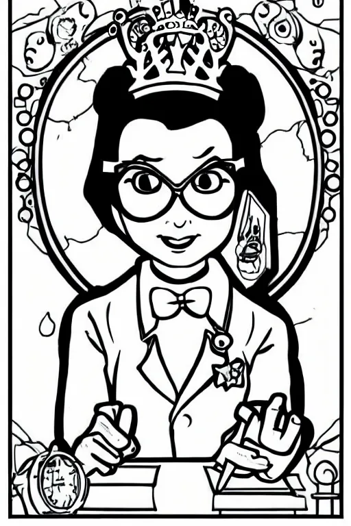 Prompt: princess scientist, in the colouring book style, black and white, disney, marvel, labcoat, tiara, cartoon, blank background,