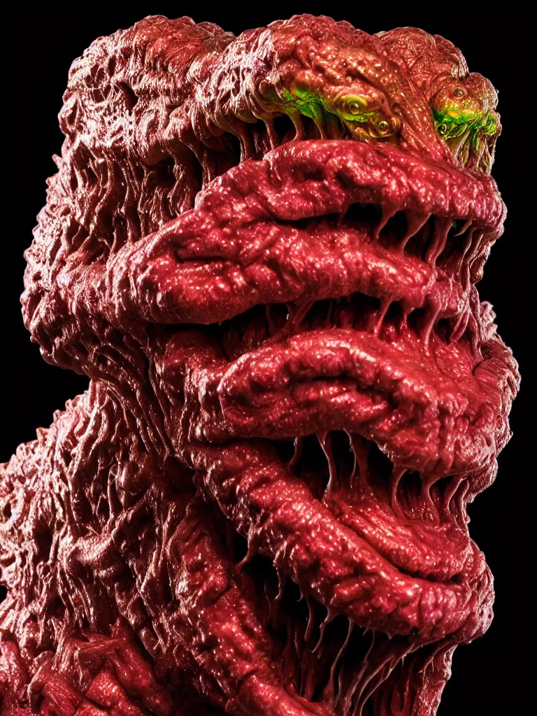 Image similar to hyperrealistic rendering, shiny wet fat cronenberg flesh monster smooth kaiju by art of skinner and richard corben and jeff easley, product photography, action figure, sofubi, studio lighting, colored gels, rimlight, backlight