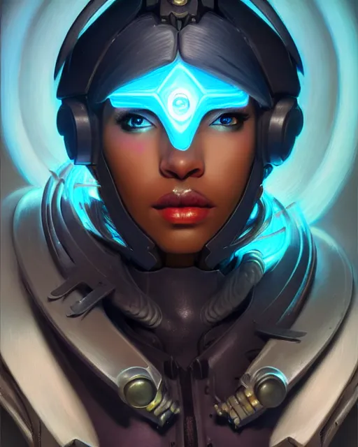 Image similar to sojourn from overwatch, bust, dreadlocks, gray hair, cyborg eyes, fantasy, fantasy art, fantasy, colorful, elegant, character portrait, portrait, close up, highly detailed, intricate detail, amazing detail, sharp focus, vintage fantasy art, vintage sci - fi art, radiant light, caustics, by boris vallejo