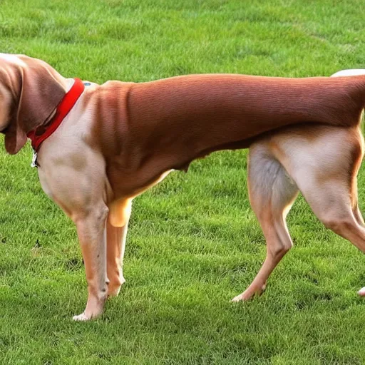 Image similar to a long long long dog with too many legs to be enumereated, he is wagging his tail and has the tongue out