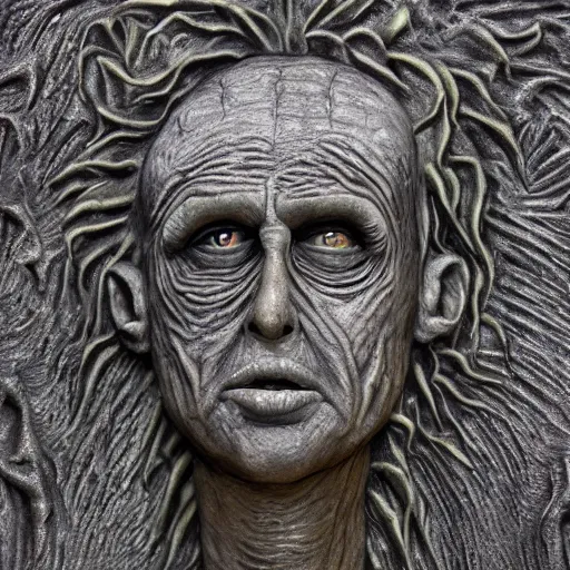 Prompt: rustic antiqued, gothic bas relief of beetlejuice, textured 3 d, intense detail, hyperealism, 4 k