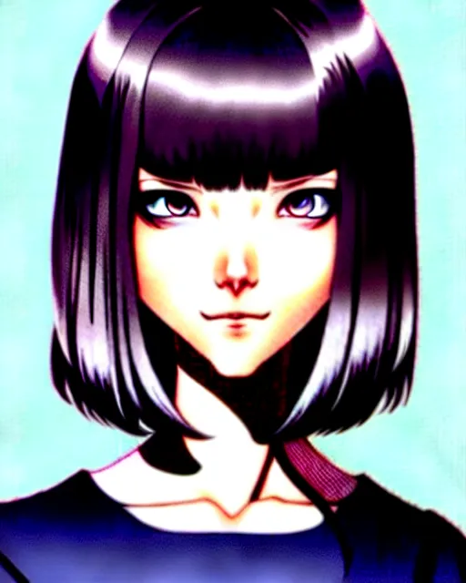 Image similar to a student with a bob cut hair style. beautiful shadowing. art by Artgerm and Range Murata.