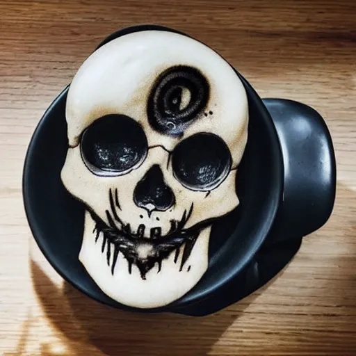 Image similar to skull, latte art, sinister lighting