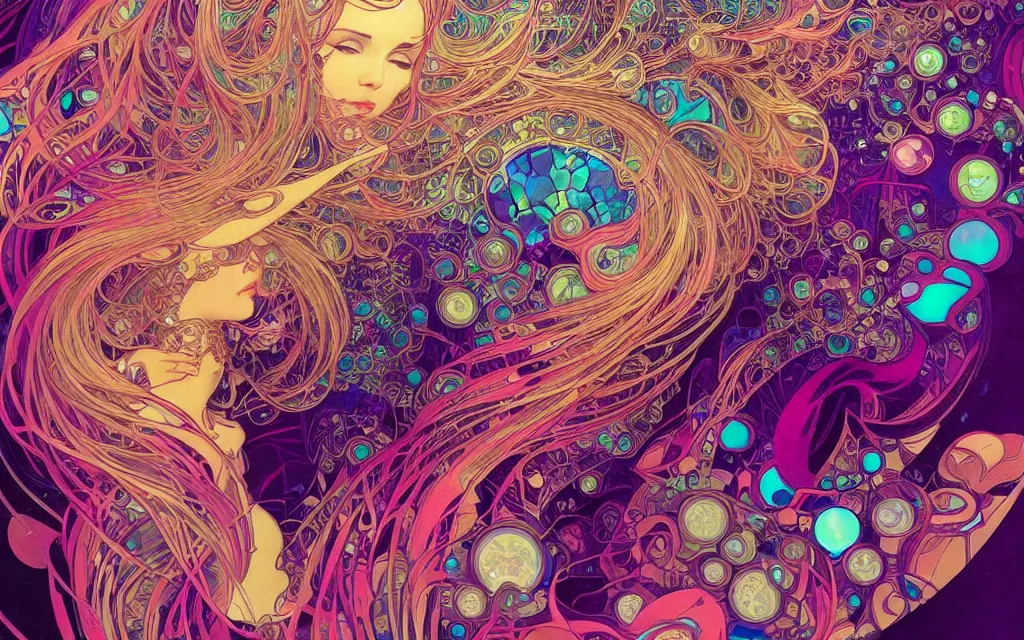 Prompt: wave, particle, synth, frequencies, pattern, oscillation. wave-particle duality. colorful, vibrant. fractal gems, fractal crystals, stunning, cinematic, amazing details, by alphonse mucha, ross tran and by james jean. artstation