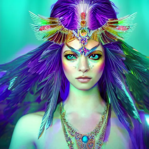Prompt: portrait highly detailed beautiful symmetrical face high priestess water nymph intricate elegant detailed crystal jewellery with tribal feathers, lush colourful volumetric lighting, digital painting, concept art, smooth, sharp focus 3 d, divine realm of gods, realistic cinematic style, octane render, photographic, unreal engine 8 k