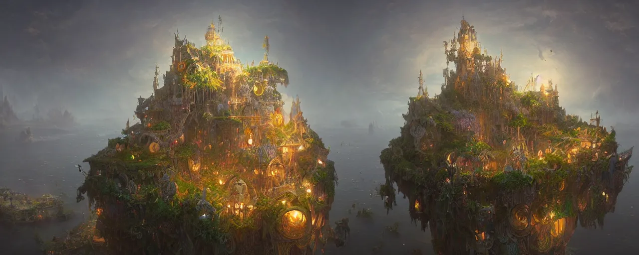 Prompt: ilustration of the edge of a floating island, whimsical, detailed, volumetric lights, intricate details, raytracing, great complexity, trending on artstation by james c christensen and mandy jurgens