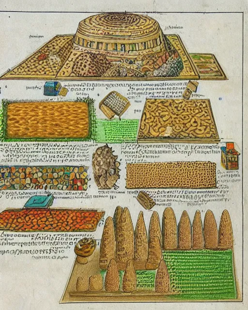 Image similar to page of the ancient codex seraphinianus with an isometric diagram explaining how the cereal factory crams all that graham into golden grahams cereal. highly - detailed infographic.