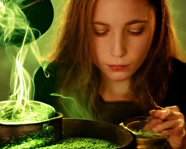 Image similar to close up portrait, dramatic lighting, concentration, calm confident teen witch and her cat mixing a spell in a cauldron, a little smoke fills the air, a witch hat and cape, a little green smoke is coming out of the cauldron, ingredients on the table, apothecary shelves in the background, still from disney show