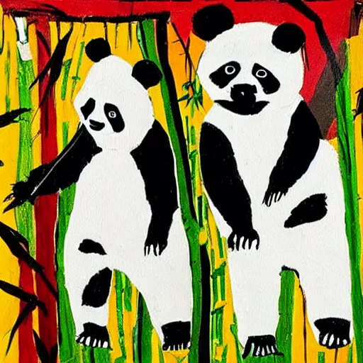 Image similar to “ panda bears playing in a bamboo forest painted by basquiat, highly detailed, theatrical lighting, vivid colors, cinematic ”