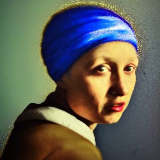 Prompt: fish eye of girl with a pearl earring looking at me, dark lighting