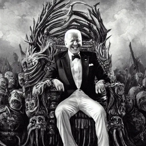 Prompt: Joe Biden sitting on his throne of skulls with his sunglasses on and grinning, oil on canvas, 1883