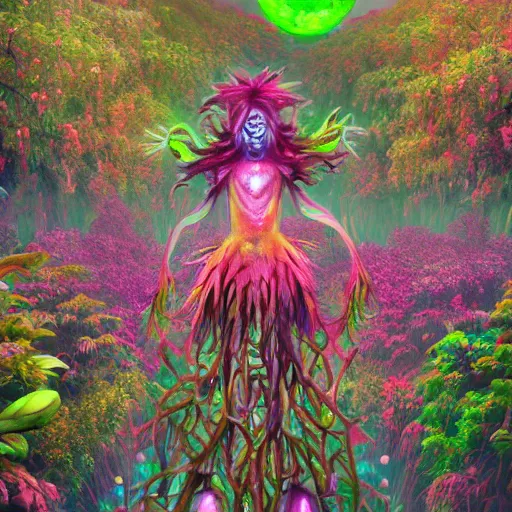 Prompt: a crazy chaotic small psychedelic surreal horror giant made of multicolored psychotropic hybrid of trees flowers, cybernetic beings and magical creatures in the chaotic spirit forest, fulcolor octane reminder, cinematic, ultra - realistic