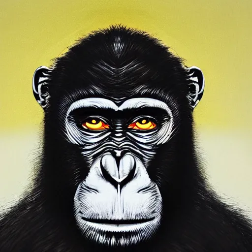 Image similar to modern art abstract portrait of an ape monkey, futuristic style, visible brush strokes, very abstract