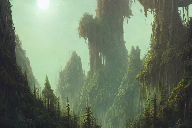 Prompt: a strange forest and giant alien warehouse on a science - fiction planet, beautiful matte painting, moebius, noah bradley, sid mead, john howe, ultrawide angle, trending artstation.