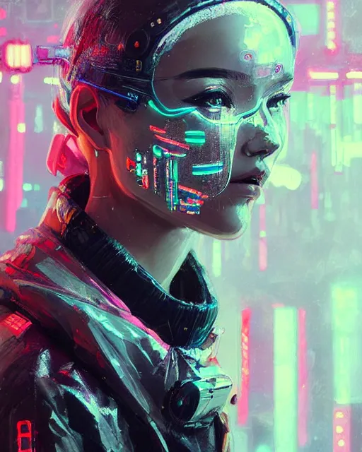 Image similar to detailed portrait Neon Operator Girl, cyberpunk futuristic neon, reflective puffy coat, decorated with traditional Japanese ornaments by Ismail inceoglu dragan bibin hans thoma greg rutkowski Alexandros Pyromallis Nekro Rene Maritte Illustrated, Perfect face, fine details, realistic shaded, fine-face, pretty face