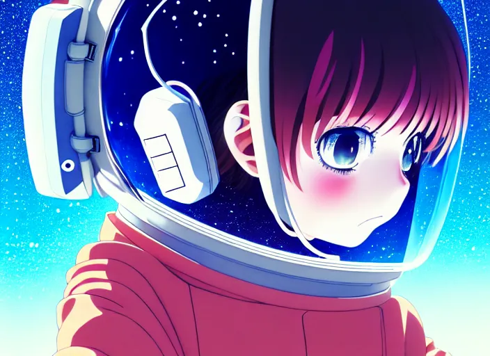 Image similar to anime portrait of a young astronaut girl floating inside a spacestation, Karolis Strautniekas,omoide emanon, tsuruta kenji, murata range,kawaii, kyoto animation, manga, intricate, detailed, studio lighting, gradation,editorial illustration, matte print, Ilya Kuvshinov