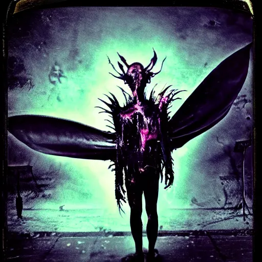 Prompt: a dark artistic photo of an alien creature with crazy wings, big budget horror, a polaroid photo, bleeding decaying colors!