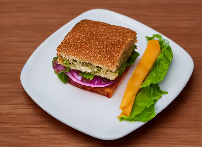 Prompt: dslr food photograph of a square hamburger, 8 5 mm f 1. 8