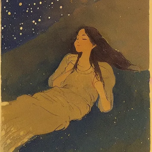 Image similar to Illustration. A beautiful illustration of a young girl with long flowing hair, looking up at the stars. She appears to be dreaming or lost in thought. in India by Sir James Guthrie riotous