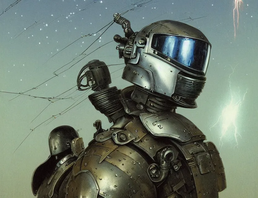 Image similar to a detailed portrait painting of a lone bounty hunter in combat armour and visor. cinematic sci-fi poster. Flight suit and wires, accurate anatomy. Samurai influence, knight influence. fencing armour. portrait symmetrical and science fiction theme with lightning, aurora lighting. clouds and stars. Futurism by moebius beksinski carl spitzweg moebius and tuomas korpi. baroque elements. baroque element. intricate artwork by caravaggio. Oil painting. Trending on artstation. 8k