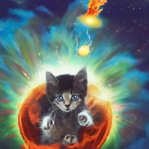 Prompt: a magic the gathering card of a kitten blowing up a planet