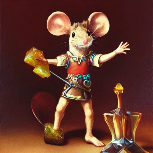 Image similar to mouse warrior reaches for floating crystal, famous oil painting, award winning, 8k scan