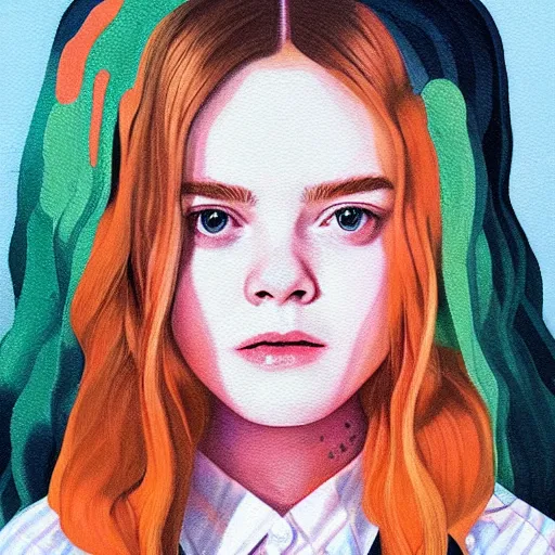 Prompt: Elle Fanning in The Shining picture by Sachin Teng, asymmetrical, dark vibes, Realistic Painting , Organic painting, Matte Painting, geometric shapes, hard edges, graffiti, street art:2 by Sachin Teng:4