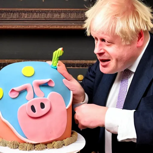 Prompt: pig man boris johnson attacking a cake