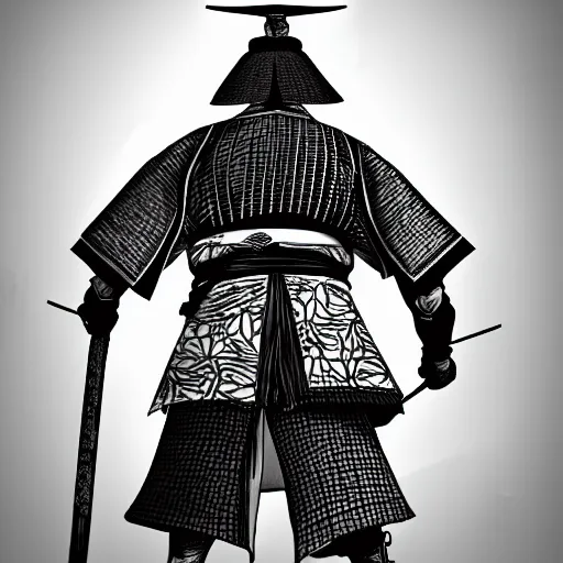 Image similar to entire body portrait from behind samurai that holds chain art inkstyle brush sketch octal render ultra detailed