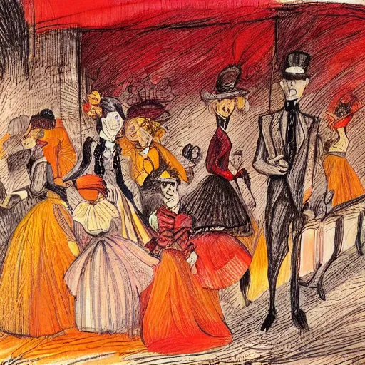 Prompt: a panting about victorian society, drawn in abstract with warm colors, with lines drawn straight with penned ink