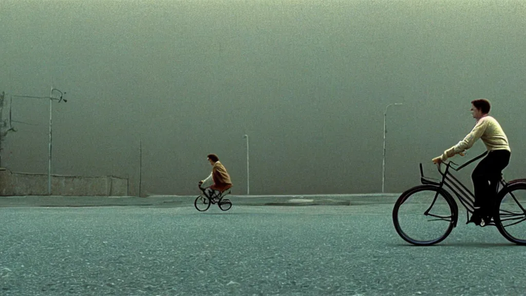 Prompt: a man riding a bicycle, film still from the movie directed by wes anderson with art direction by zdzisław beksinski, wide lens