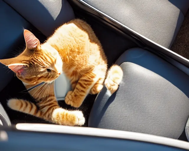 Image similar to top view of cabriolet, cat sitting in driver seat with paws on steering wheel, golden hour