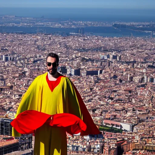 Image similar to santigo abascal flying over barcelona wearing a red and yellow cape