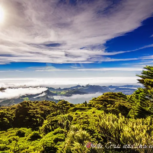 Prompt: grand Castle on top of Auckland mountain, clouds, sun