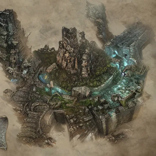 Image similar to rpg map printed on paper, fantasy game, front shot, highly detailed, illustration, fantasy art, in the style of greg rutkowski, epic, fantasy, intricate, hyper detailed, artstation, concept art, smooth, sharp focus, ray tracing
