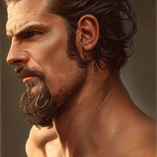 Image similar to portrait of a young, ruggedly handsome ranger, muscular, half body, leather, smirk, fantasy, intricate, elegant, highly detailed, digital painting, artstation, concept art, smooth, sharp focus, illustration, art by artgerm and greg rutkowski and alphonse mucha